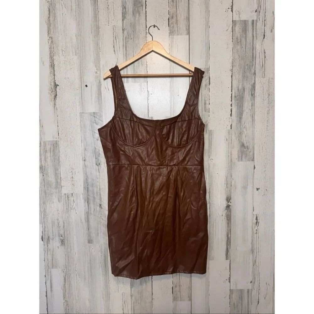 PrettyLittleThing Brown Faux Leather Corset Dress US 18 UK 22 Bodycon Mini Lace